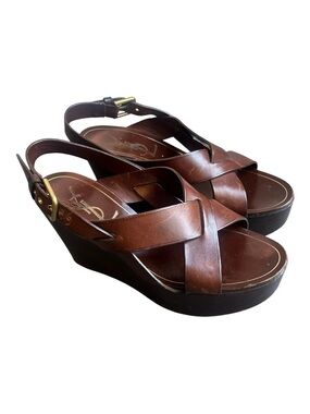 YSL Yves Saint Laurent Brown Leather Wedge Sandals 38 8 Flawed